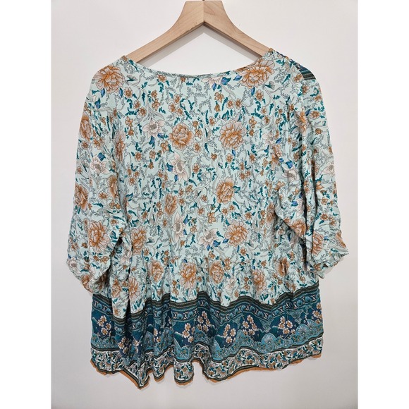 Brown Coco Womens 3XL Teal Floral Boho Babydoll Blouse V-Neck Tie Rayon Top - Picture 5 of 5